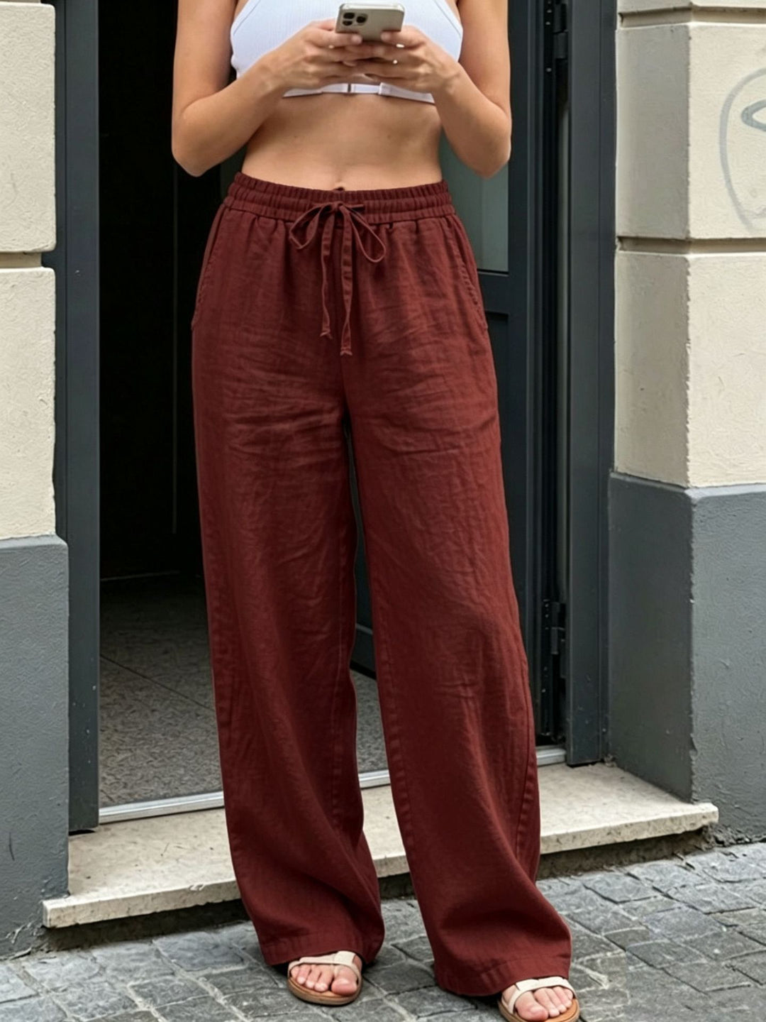 Damen Weite Leinenoptik-Hose mit Gummibund, Tunnelzug und Seitentaschen Nord Taschen