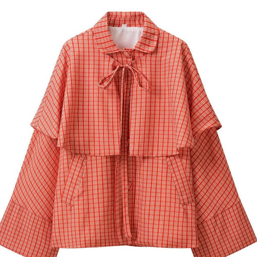 Damen Karierte Cape-Übergangsjacke mit Lagen‑Cape und Schleifenbindung Nord Taschen