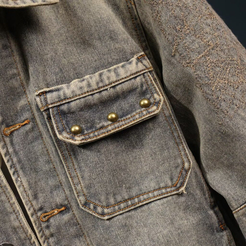 Herren Vintage-inspirierte Jeansjacke im Worker-Look mit Used-Wash und aufgesetzten Brusttaschen Nord Taschen