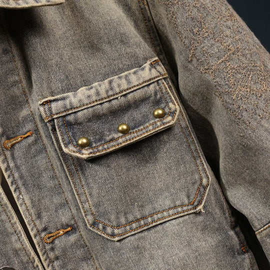 Herren Vintage-inspirierte Jeansjacke im Worker-Look mit Used-Wash und aufgesetzten Brusttaschen Nord Taschen