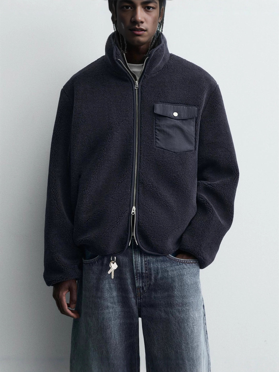 Herren Fleece‑Blouson mit Stehkragen, Zwei‑Wege‑Reißverschluss und Pattentasche Nord Taschen
