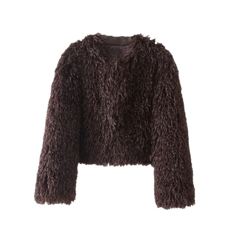 Damen kurze Bouclé‑Faux‑Fur‑Jacke mit voluminösem Langflor und kastiger Silhouette Nord Taschen