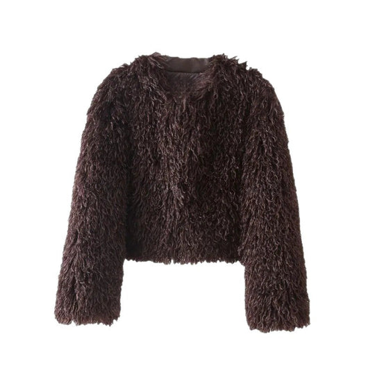 Damen kurze Bouclé‑Faux‑Fur‑Jacke mit voluminösem Langflor und kastiger Silhouette Nord Taschen