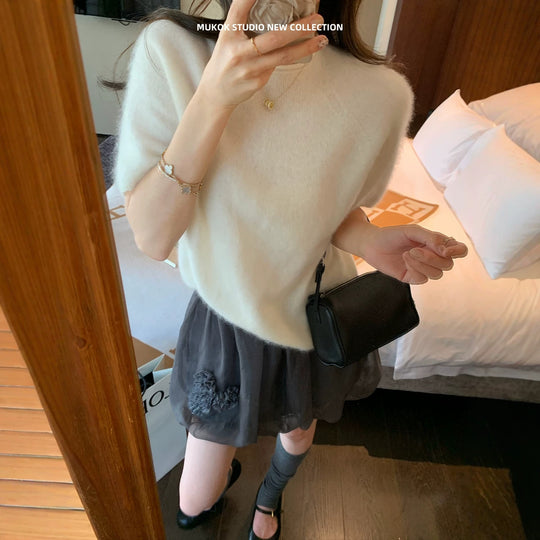 Damen Kurzarm Oversized Mohair-Feinstrickpullover Nord Taschen