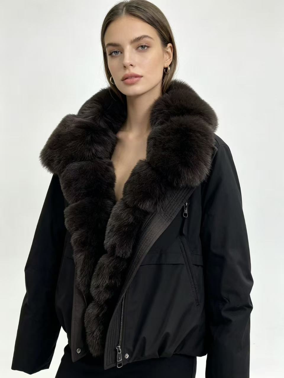 Damen nan taillierte Parka-Bomberjacke mit voluminösem Webpelzkragen und windabweisender Außenhülle Nord Taschen