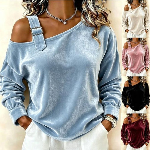 Damen Samt-Sweatshirt mit asymmetrischem Carmen-Ausschnitt und Zierschnalle Nord Taschen