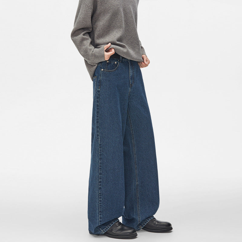 Herren Extraweite hochgeschnittene Denimhose mit ultralangem Saum und geradem Bein Nord Taschen