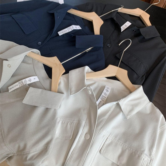 Damen Kurze Overshirt-Jacke aus strukturiertem Canvas mit Brusttaschen Nord Taschen