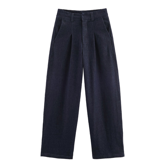 Damen 30+ weite High‑Waist Denim‑Palazzohose mit Bundfalten und Bügelfalte Nord Taschen