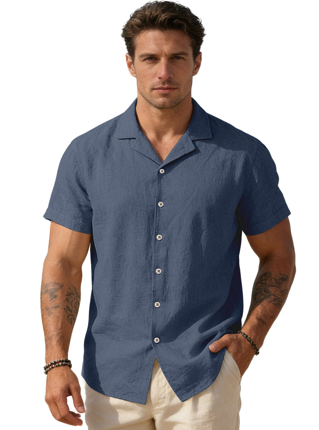 Herren nan luftiges Leinen-Camphemd mit offenem Reverskragen kurzer Arm und entspannter Sommerpassform