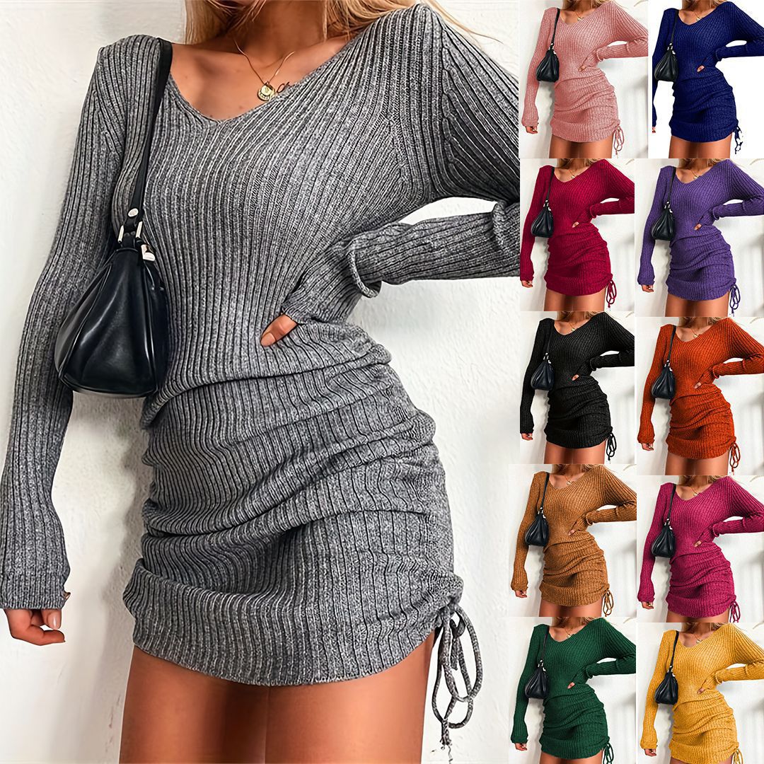 Damen Figurbetontes Rippstrick-Minikleid mit langen Ärmeln und seitlicher Raffung Nord Taschen