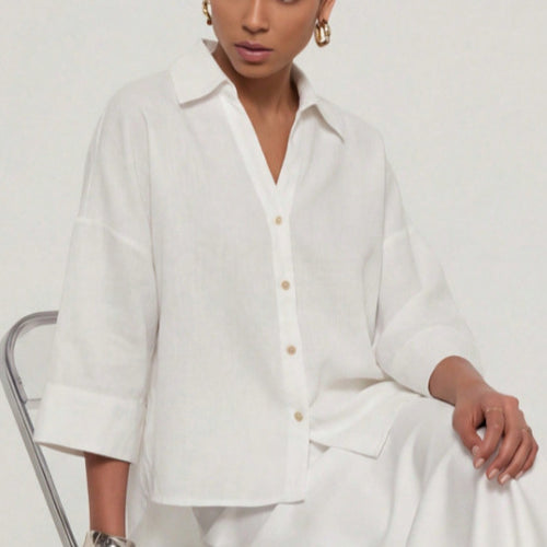 Damen Leichte Oversize Leinenoptik Bluse mit Dreiviertelärmeln und durchgehender Knopfleiste Nord Taschen
