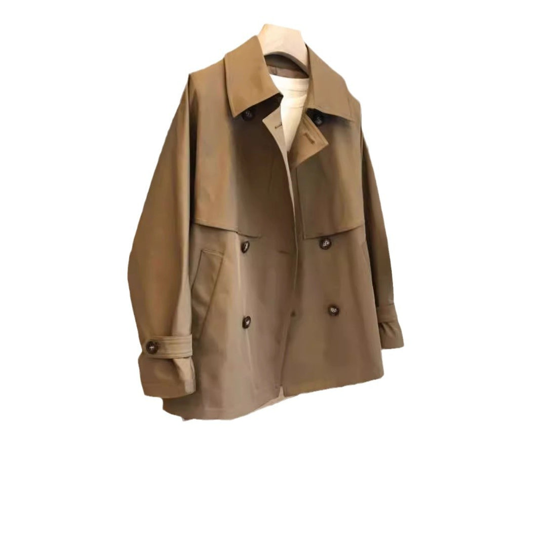 Damen Kurzgeschnittener Trenchcoat mit doppelreihiger Knopfleiste, Sturmklappe und Taillengürtel Nord Taschen