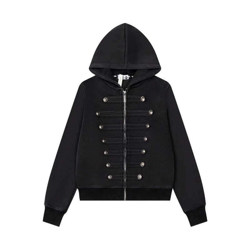 Damen Kapuzen-Sweatjacke mit militärischer Knopfverzierung und durchgehendem Reißverschluss Nord Taschen
