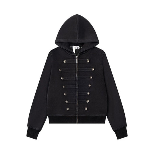Damen Kapuzen-Sweatjacke mit militärischer Knopfverzierung und durchgehendem Reißverschluss Nord Taschen