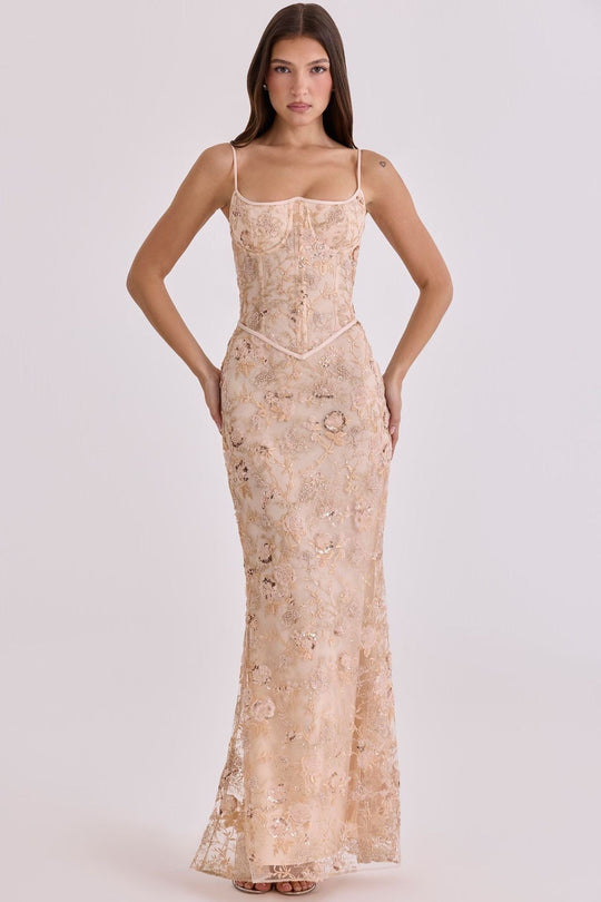 Damen nan elegantes besticktes Abendkleid mit Korsettoberteil und transparentem Spitzenüberzug - Vittorelli