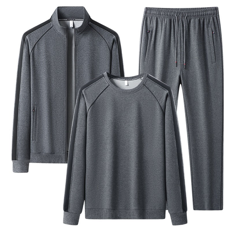 [Herren] Zweiteiliges Trainingsset mit Stehkragen-Zipjacke, Rundhals‑Sweatshirt und konisch geschnittener Jogginghose aus atmungsaktivem Fleece Nord Taschen