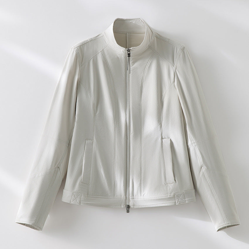 Damen schlichte taillierte Lederjacke mit Stehkragen und Zwei-Wege-Reißverschluss Nord Taschen