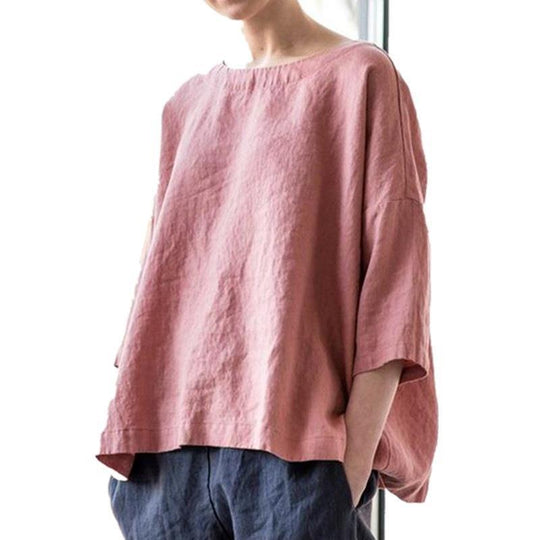 Damen Oversized Leinenbluse mit weitem Boxy‑Schnitt, U‑Boot‑Ausschnitt und 3/4‑Ärmeln Nord Taschen