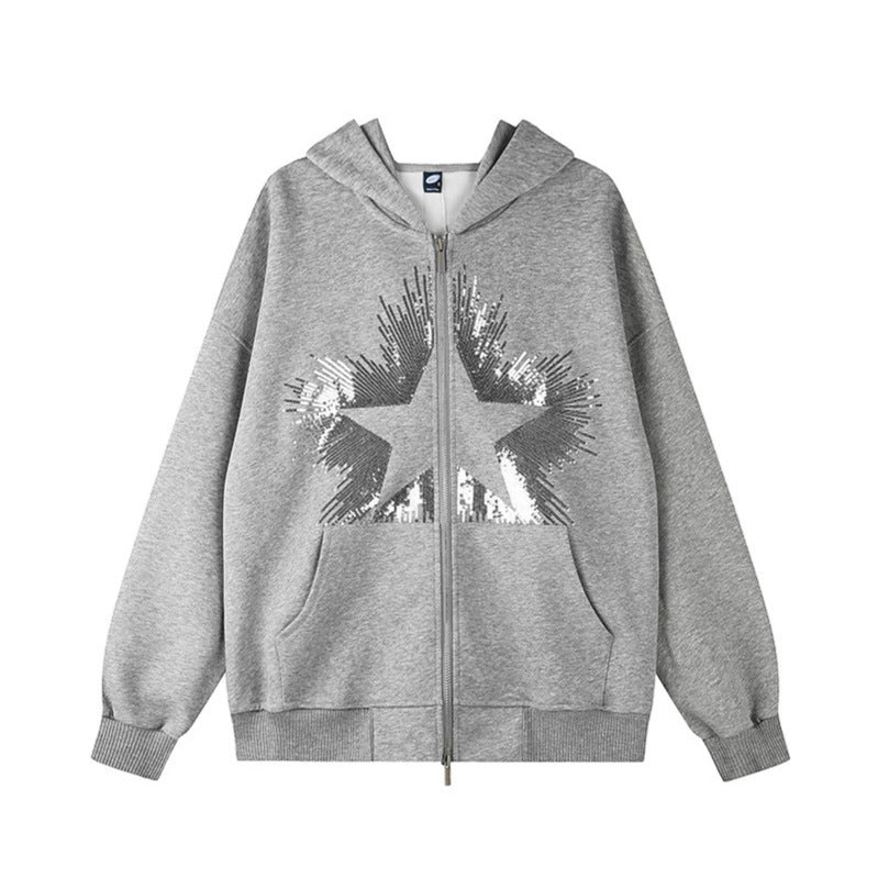 Damen Oversize-Kapuzenjacke aus French Terry mit glitzerndem Sternprint und Metallreißverschluss Nord Taschen