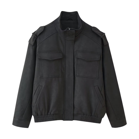 Damen Utility-Bomberjacke mit Schulterklappen, Stehkragen und aufgesetzten Pattentaschen Nord Taschen