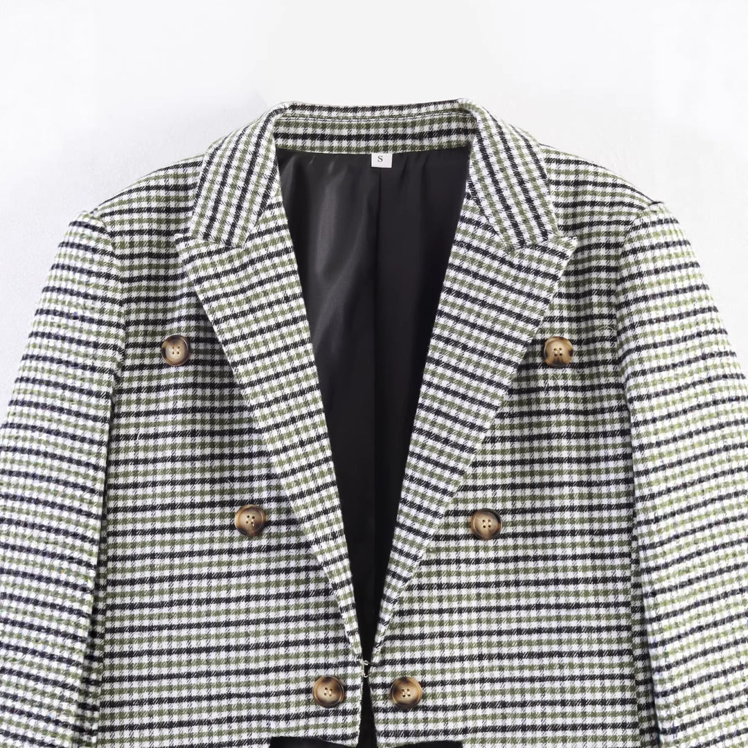 Damen Karo-Blazer mit asymmetrischem Cropped-Vorderteil und Holzknöpfen Nord Taschen