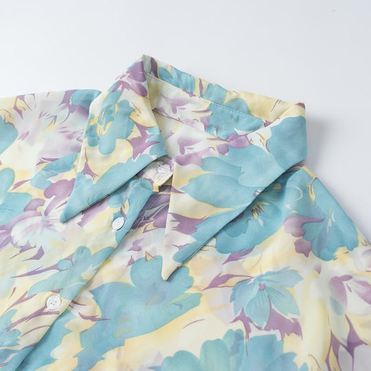 Damen Blumenprint-Chiffonbluse mit weitem Ballonärmel und Hemdkragen Nord Taschen