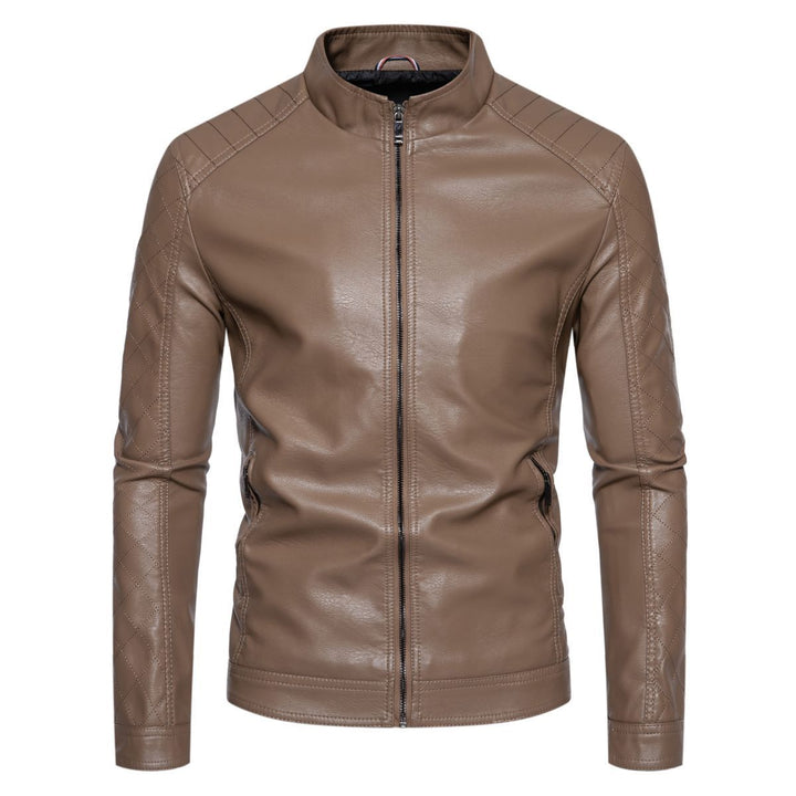 Herren taillierte Lederimitat-Bikerjacke mit Stehkragen und gesteppter Ärmeldetail Nord Taschen
