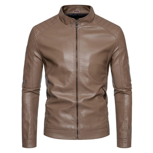 Herren taillierte Lederimitat-Bikerjacke mit Stehkragen und gesteppter Ärmeldetail Nord Taschen