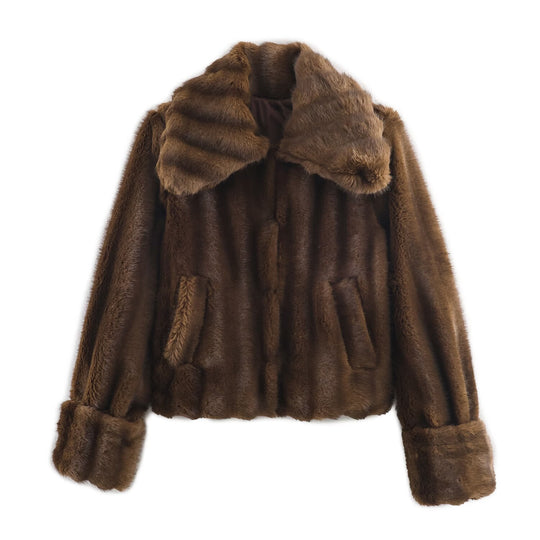 Damen Kurze Kunstfell‑Jacke mit voluminösem Schalkragen und aufgesetzten Taschen Nord Taschen