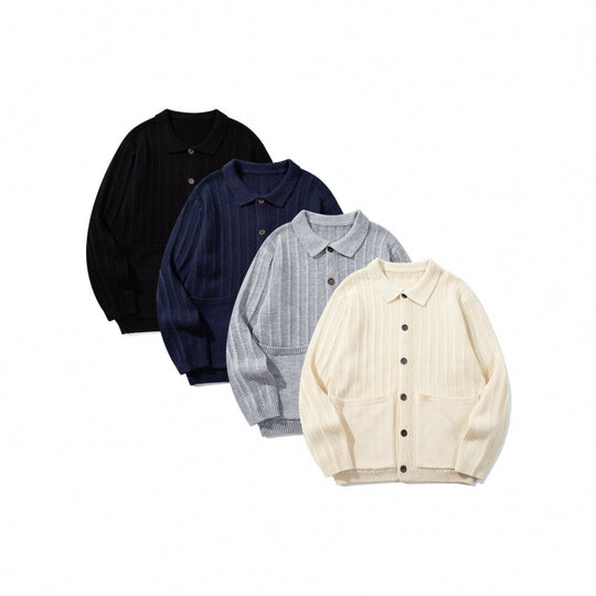 Unisex Grobgestrickte Hemdjacke mit Kentkragen, Knopfleiste und aufgesetzten Taschen Nord Taschen