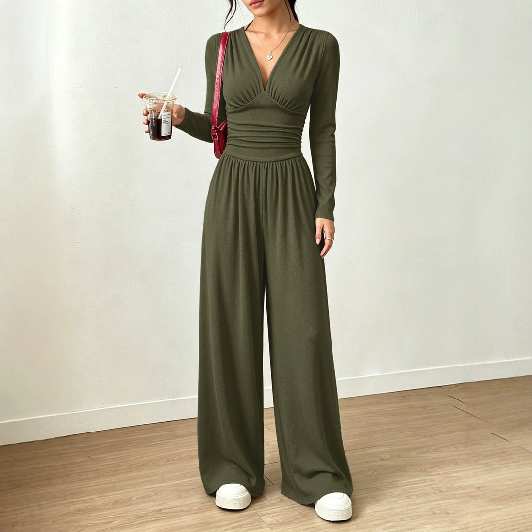 Damen Eleganter V‑Ausschnitt Jumpsuit mit tailliertem Wickelbund und weitem Hosenbein Nord Taschen