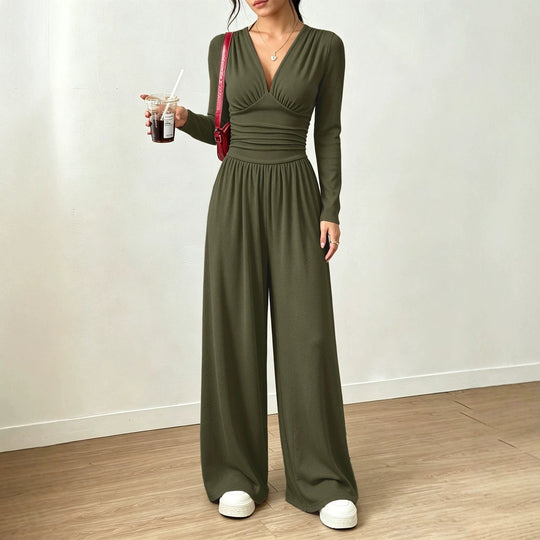 Damen Eleganter V‑Ausschnitt Jumpsuit mit tailliertem Wickelbund und weitem Hosenbein Nord Taschen