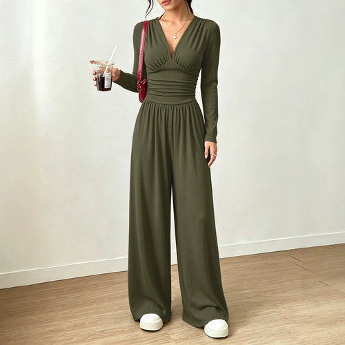 Damen Eleganter V‑Ausschnitt Jumpsuit mit tailliertem Wickelbund und weitem Hosenbein Nord Taschen
