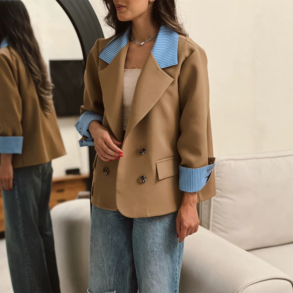 Damen Oversize-doppelreihiger Blazer mit kontrastkragen & aufschlagärmeln Nord Taschen