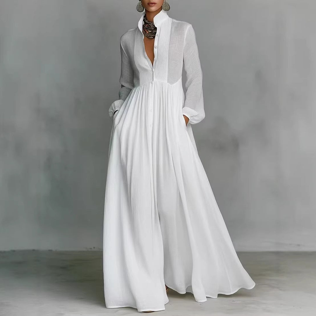 Damen Maxikleid mit Stehkragen, Knopfleiste und seitlichen Taschen Nord Taschen