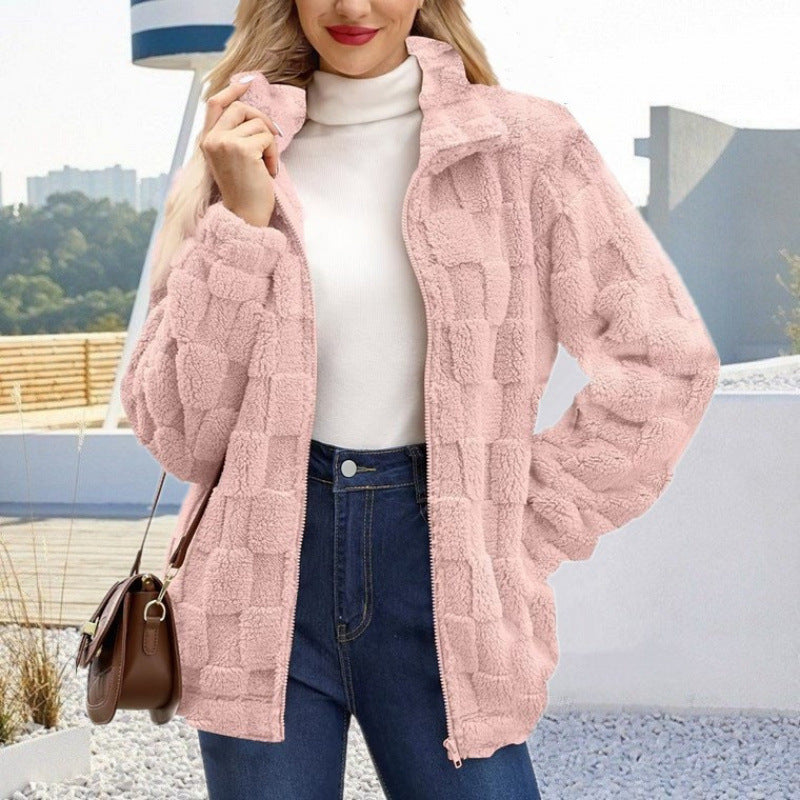 Damen Teddyjacke mit Karo-Struktur, Stehkragen und Reißverschluss Nord Taschen