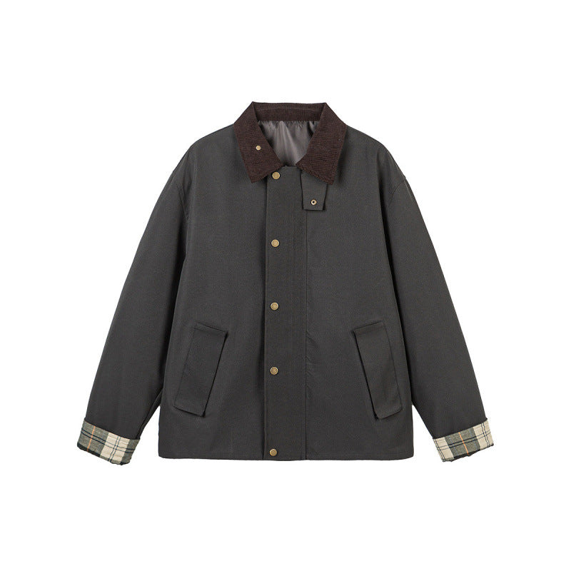 Herren Kurze Boxy-Workerjacke aus robustem Canvas mit Cordkragen und verdeckter Druckknopfleiste Nord Taschen