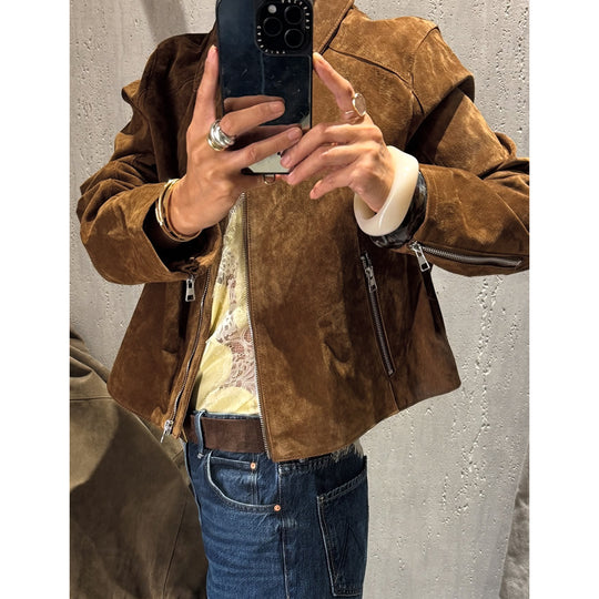 Damen Cropped Velourslederjacke mit Hemdkragen, Reißverschluss und Zipp-Taschen Nord Taschen