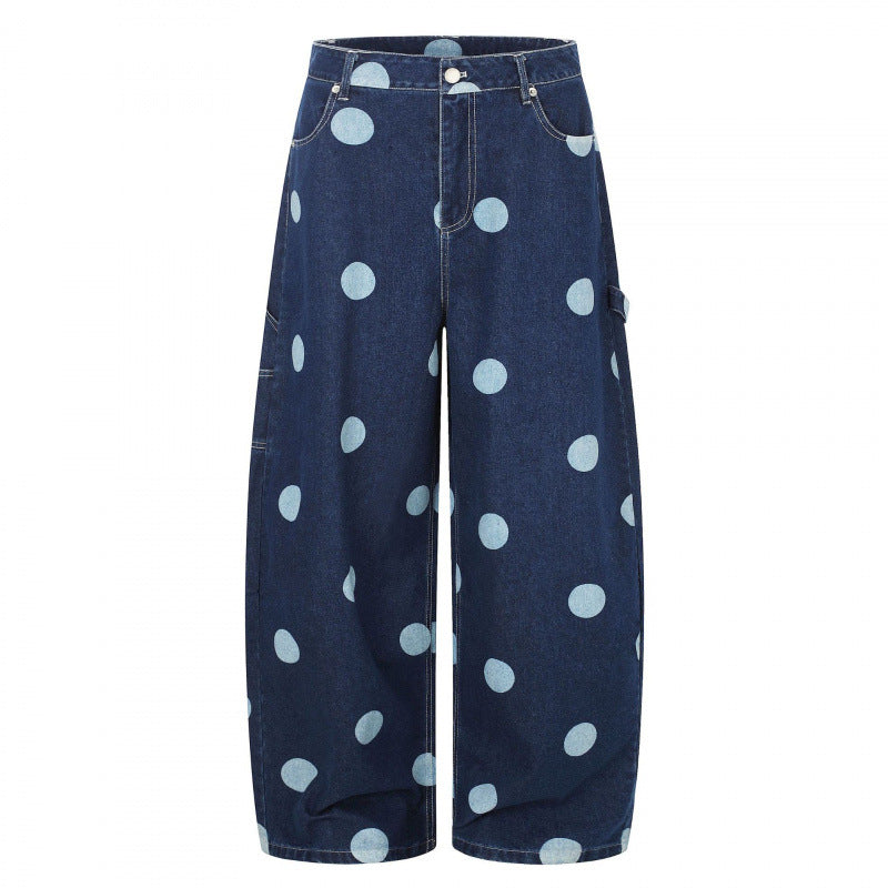 Damen Weite Cropped-Jeans mit hoher Taille, Polka‑Dot‑Print und Carpenter‑Details Nord Taschen