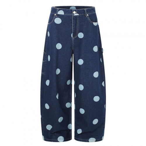 Damen Weite Cropped-Jeans mit hoher Taille, Polka‑Dot‑Print und Carpenter‑Details Nord Taschen