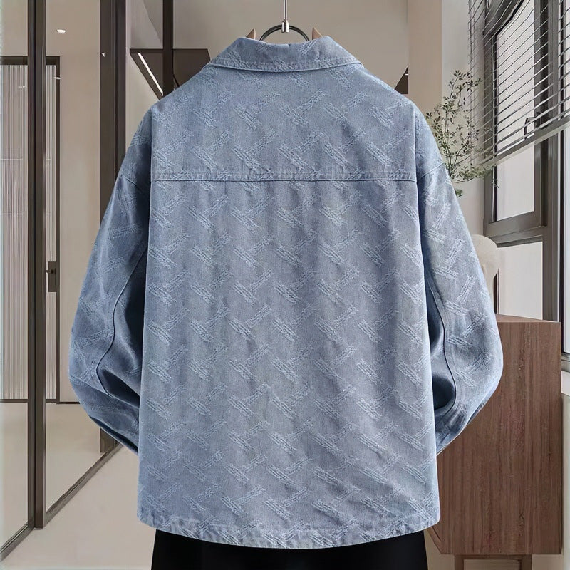 Herren Jeans-Overshirt mit dezenter Struktur-Jacquard, Druckknopf‑Brusttaschen und Hemdkragen Nord Taschen
