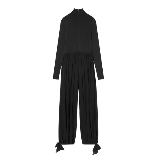 Damen Jumpsuit mit Stehkragen, weitem Plissee-Hosenbein und Knöchel-Bindebändern Nord Taschen