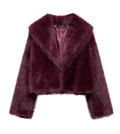 Damen Kurze Cropped Kunstpelzjacke mit voluminösem Schalkragen Nord Taschen