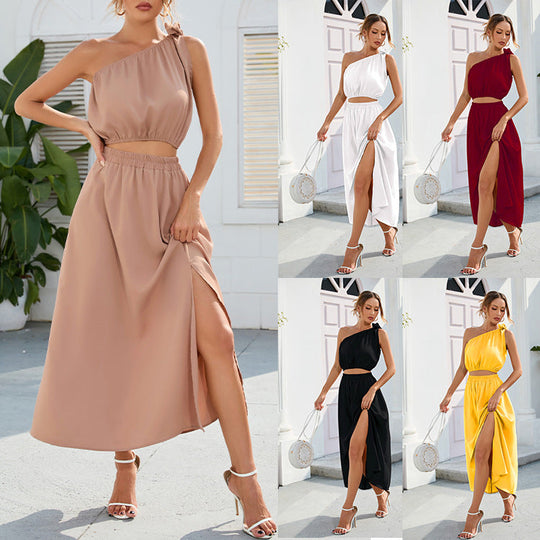 Damen Abendkleid mit schulterfreiem Design und hohem Schlitz Nord Taschen