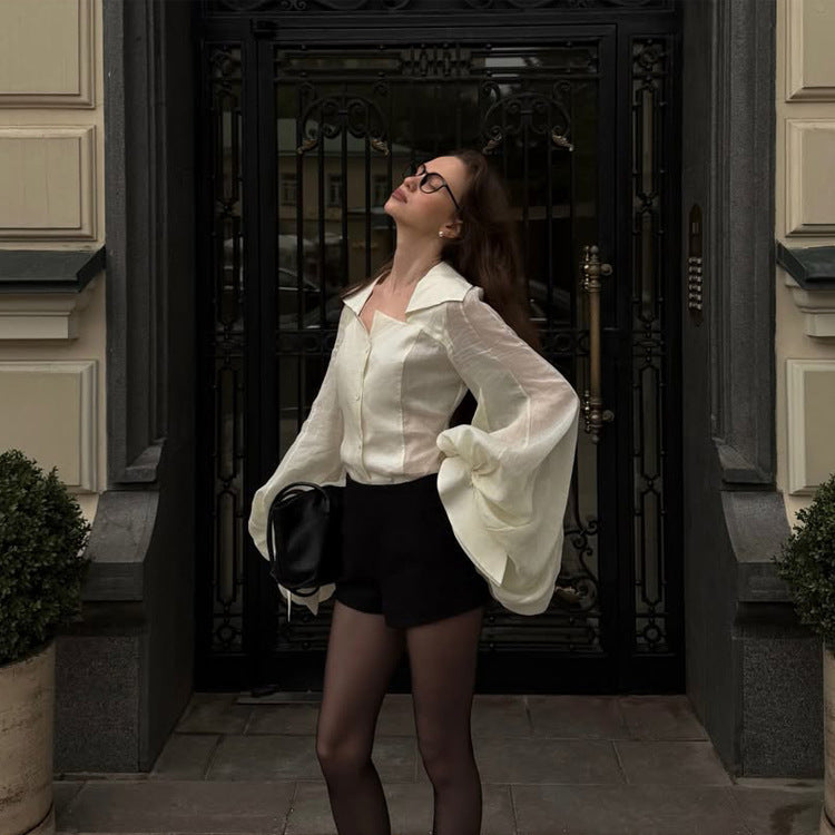 Damen Transparentes Hemdblusen-Top mit taillierter Korsagenoptik und voluminösen Ballonärmeln Nord Taschen