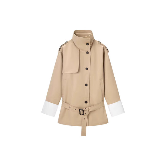 Damen Kurzer Trenchcoat mit Taillengürtel, Stehkragen und Kontrastmanschetten Nord Taschen