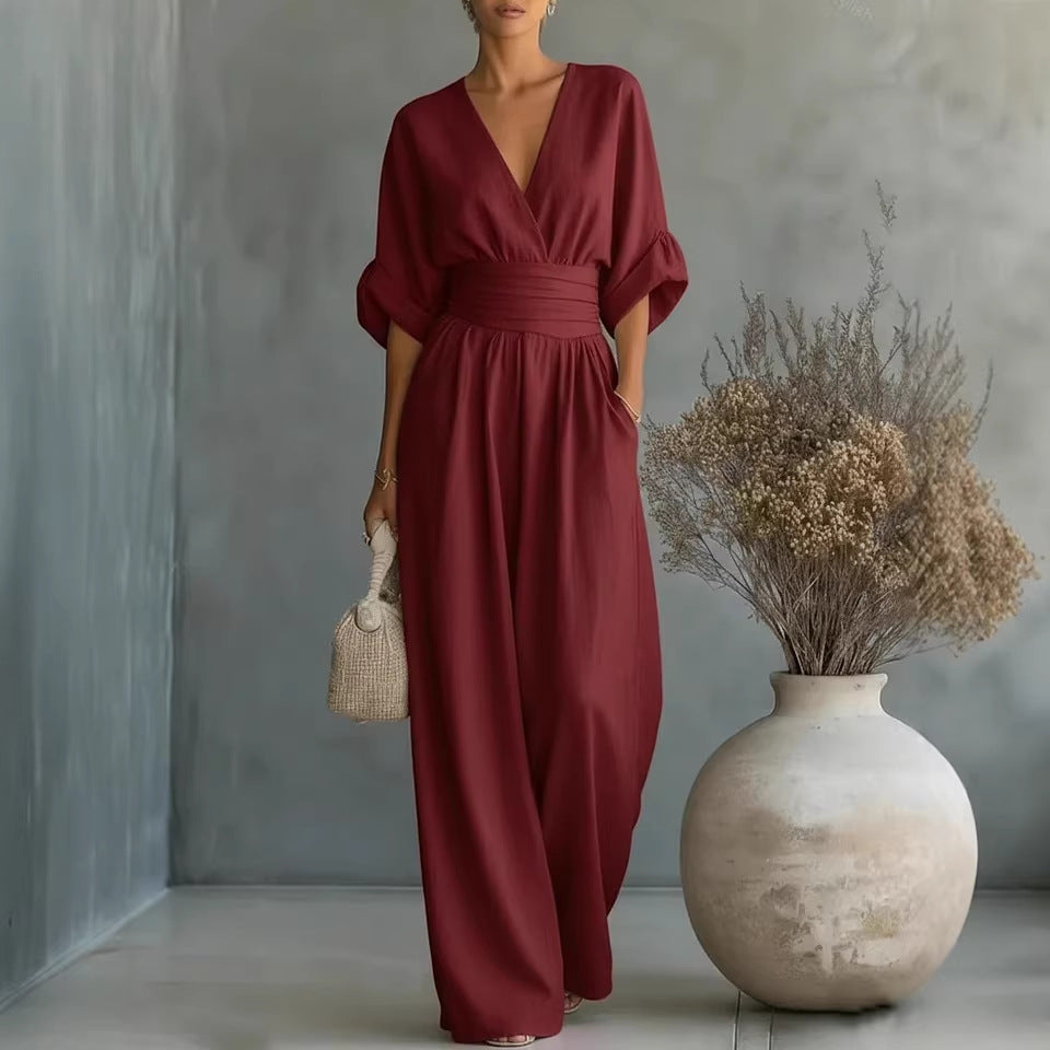 Eleganter Ärmelloser Jumpsuit mit Tiefem V-Ausschnitt, Taillenbund und Weitem Bein Avellé
