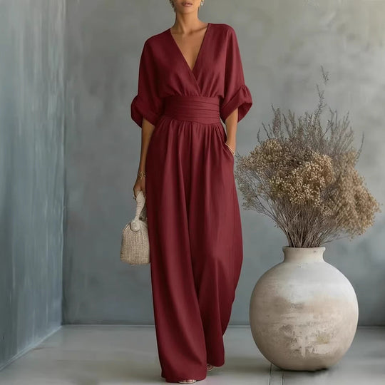 Eleganter Ärmelloser Jumpsuit mit Tiefem V-Ausschnitt, Taillenbund und Weitem Bein Avellé