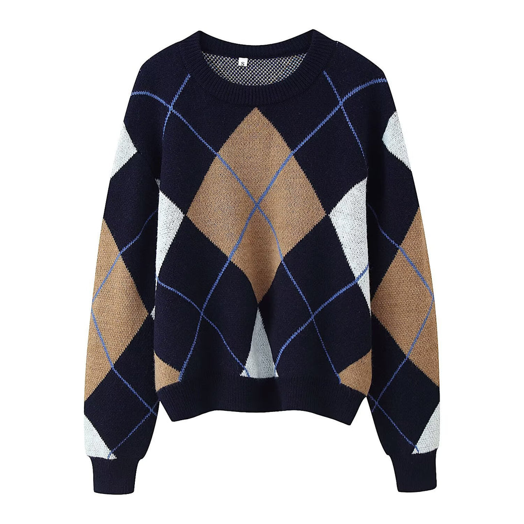 Damen Oversize‑Argyle‑Strickpullover mit Rundhals, überschnittenen Schultern und Rippbündchen Nord Taschen